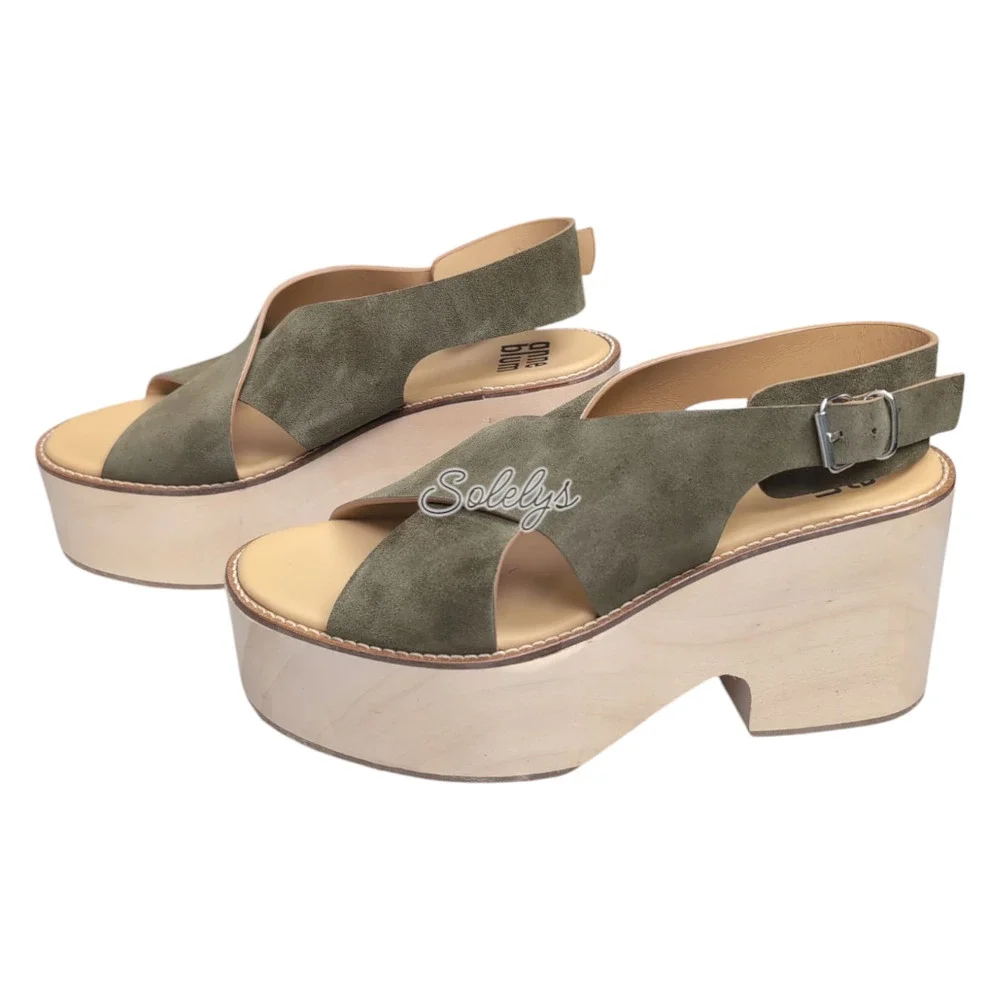 Anne Blum Sofia US 11 EU 42 Wooden Platform Suede Cross Strap Sandal Olive Green